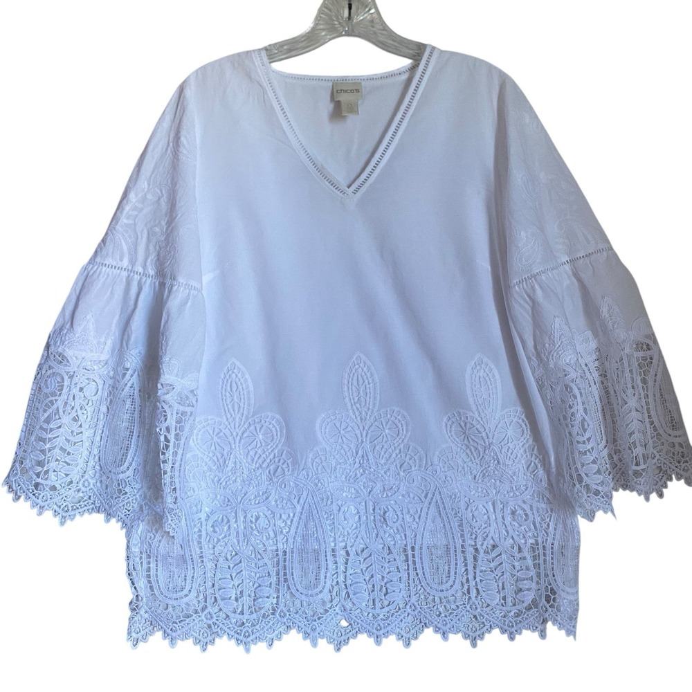 Chicos Top Blouse Size S White Cotton Embroidered Eyelet Beach Coastal Resort